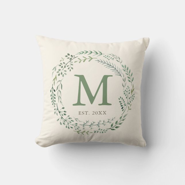 Monogram för botaniskt naturkrans upprättat kudde (Framsida)