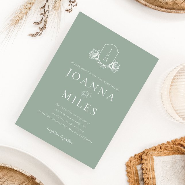 Monogram för botaniskt Vapensköld Sage Grönt Inbjudningar (Skapare uppladdad)