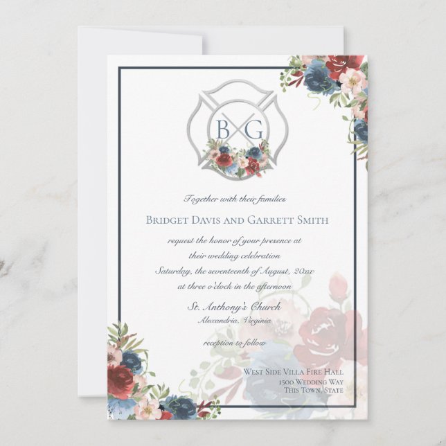 Monogram för brandbekämpning av burgundy och blå B Inbjudningar (Framsida)