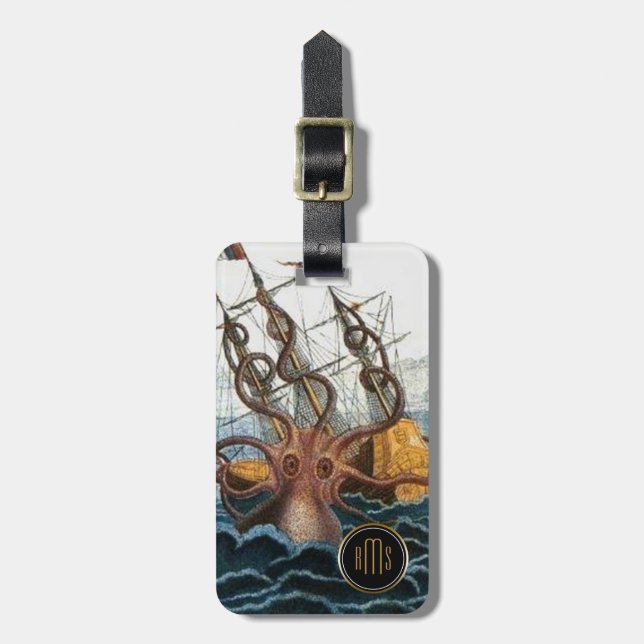 Monogram för brev för Kraken Steampunk Bagagebricka (Vertikal Framsida)