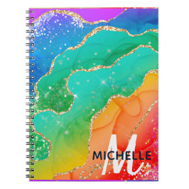 Monogram för Bright Rainbow & Guld Faux Glitter Ag Anteckningsbok