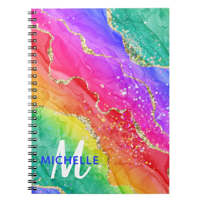 Monogram för Bright Rainbow & Guld Faux Glitter Ag Anteckningsbok (Framsidan)