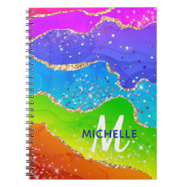 Monogram för Bright Rainbow & Guld Faux Glitter Ag Anteckningsbok