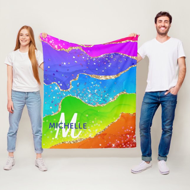 Monogram för Bright Rainbow & Guld Faux Glitter Ag Fleecefilt (På plats)