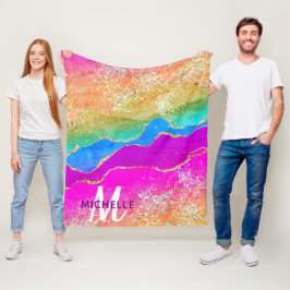 Monogram för Bright Rainbow & Guld Faux Glitter Ag Fleecefilt