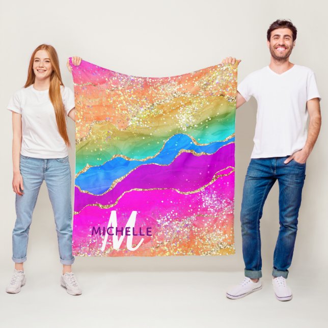 Monogram för Bright Rainbow & Guld Faux Glitter Ag Fleecefilt (På plats)