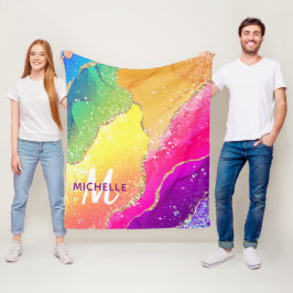 Monogram för Bright Rainbow & Guld Faux Glitter Ag Fleecefilt