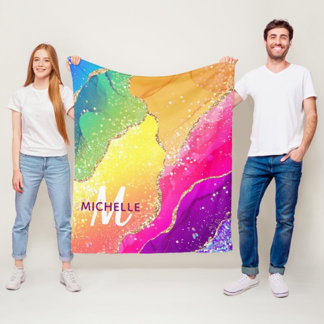 Monogram för Bright Rainbow & Guld Faux Glitter Ag Fleecefilt (På plats)