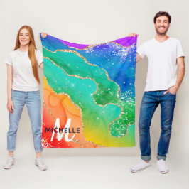 Monogram för Bright Rainbow & Guld Faux Glitter Ag Fleecefilt