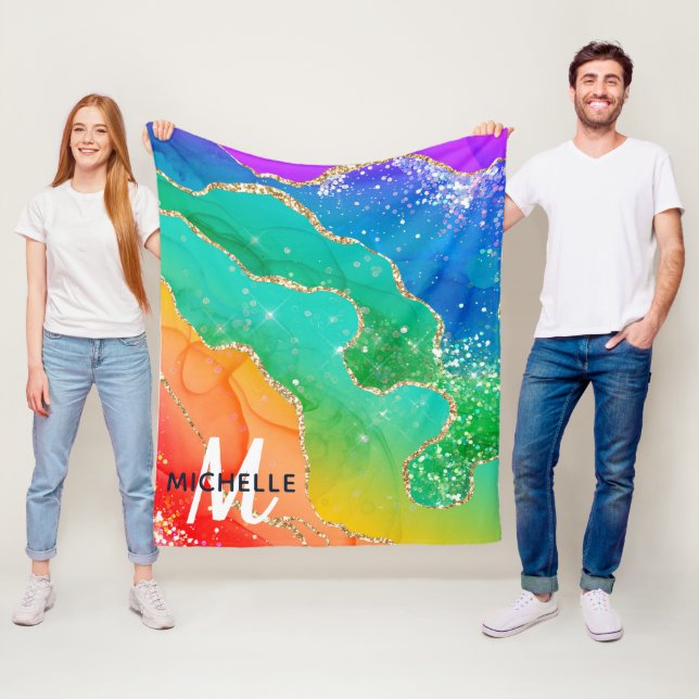 Monogram för Bright Rainbow & Guld Faux Glitter Ag Fleecefilt (På plats)