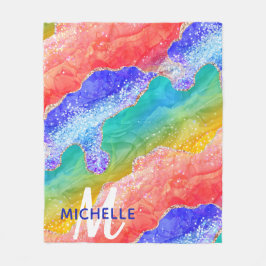 Monogram för Bright Rainbow & Guld Faux Glitter Ag Fleecefilt