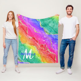 Monogram för Bright Rainbow & Guld Faux Glitter Ag Fleecefilt