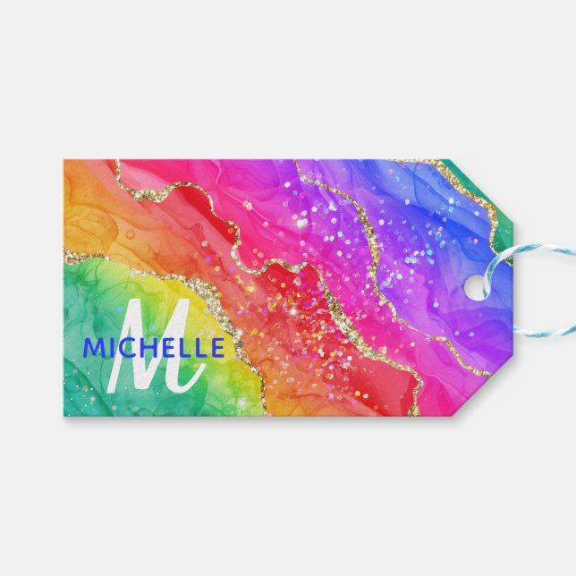 Monogram för Bright Rainbow & Guld Faux Glitter Ag Presentetikett (Framsidan (Horisontell))