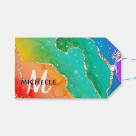 Monogram för Bright Rainbow & Guld Faux Glitter Ag Presentetikett