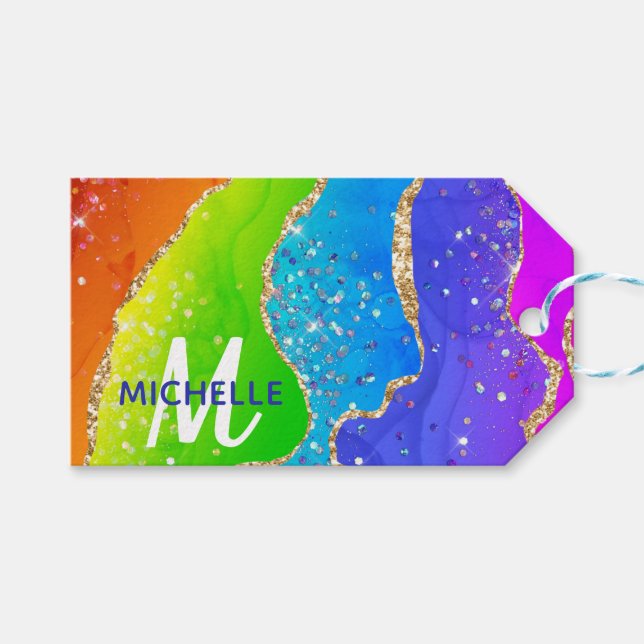 Monogram för Bright Rainbow & Guld Faux Glitter Ag Presentetikett (Framsidan (Horisontell))