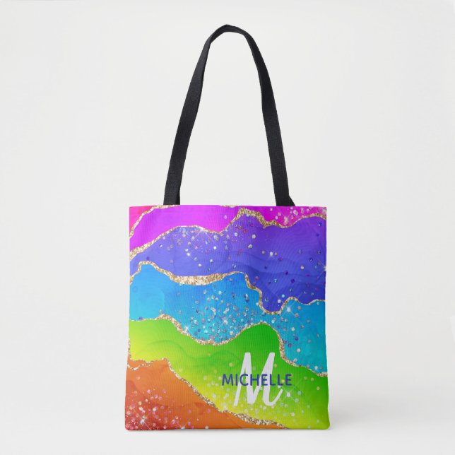 Monogram för Bright Rainbow & Guld Faux Glitter Ag Tygkasse (Framsida)