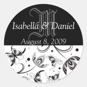Monogram för Bröllop Damask Stickers Runt Klistermärke