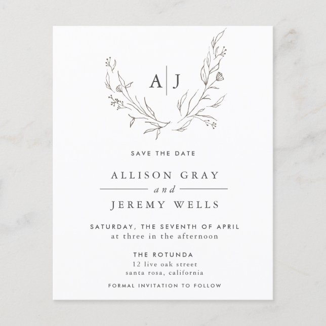 Monogram för budgeterad Blommigt Spara DAte (Framsida)