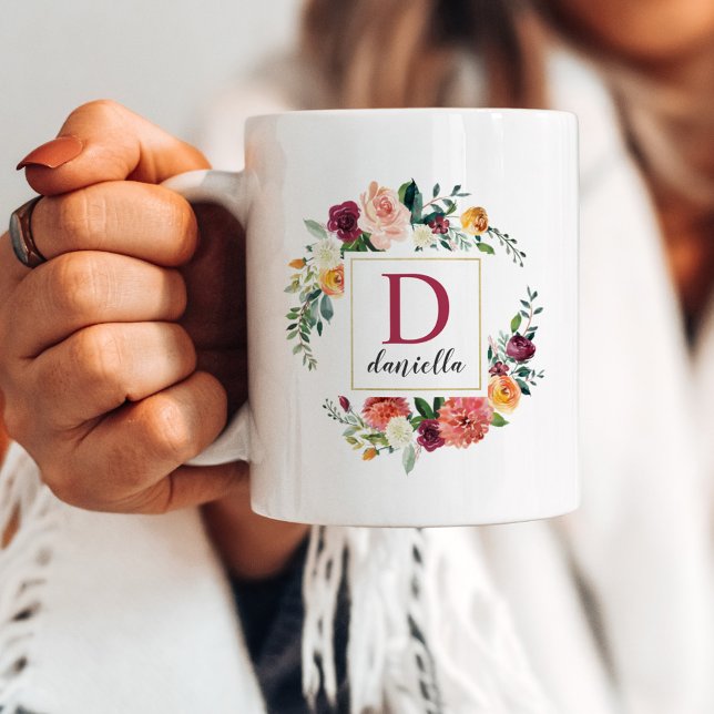 Monogram för Burgundy Fall Blommigt Anpassningsbar Kaffemugg (Skapare uppladdad)