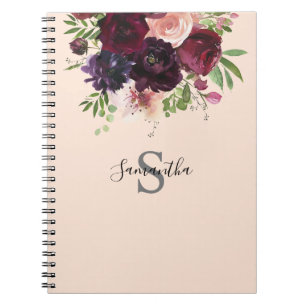 Monogram för Burgundy &  Rosa Blommigt Anteckningsbok