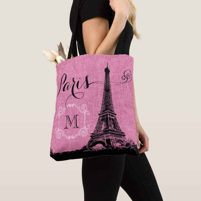 Monogram för Burlap för Paris Eiffel torn rosa Tygkasse (Närbild)