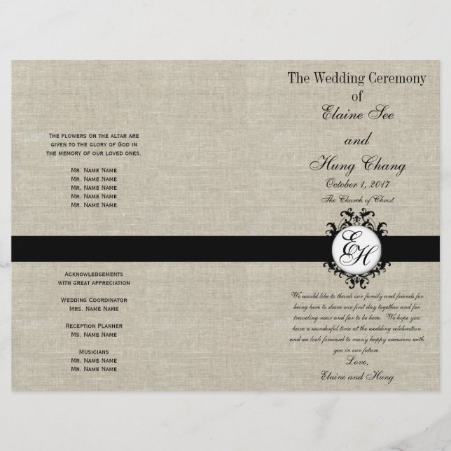 Monogram för Burlap Linen Black Bröllopsprogram Ch (Framsida)