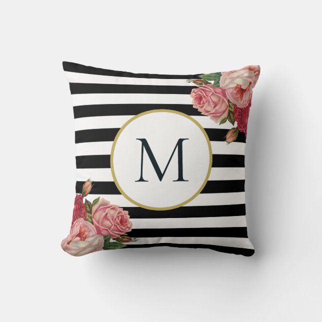 Monogram för chic Black White Stripe Retro Blommig Kudde (Framsida)