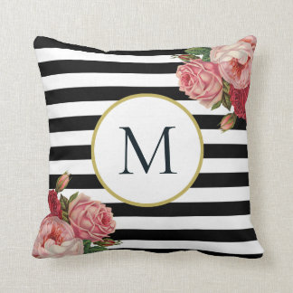 Monogram för chic Black White Stripe Retro Blommig Kudde
