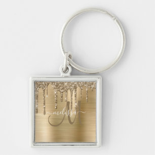 Monogram för Chic Guld, Glitter borstat Metall Fyrkantig Silverfärgad Nyckelring