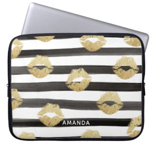 Monogram för chic och svart Rand i Guld Glitter Laptop Fodral