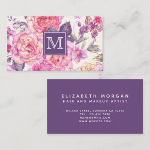 Monogram för chicens Blommigt Lila Butterfly Visitkort