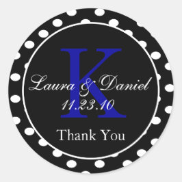 Monogram för Cute Black White Blue Polka dots Runt Klistermärke