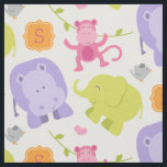 Monogram för Cute Rosa Jungle Animals Flicka Anpas Tyg<br><div class="desc">Anpassningsbarnas mönstrade struktur har en inledande monogram och mönster från djungelns vänner i baby - en fågel,  apa,  elefant och hippo. Denna moderna och söta safari-matväv har ett färg-schema med stark rosa,  orange,  kalkgrönt,  lila och grått färger.</div>