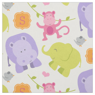 Monogram för Cute Rosa Jungle Animals Flicka Anpas Tyg