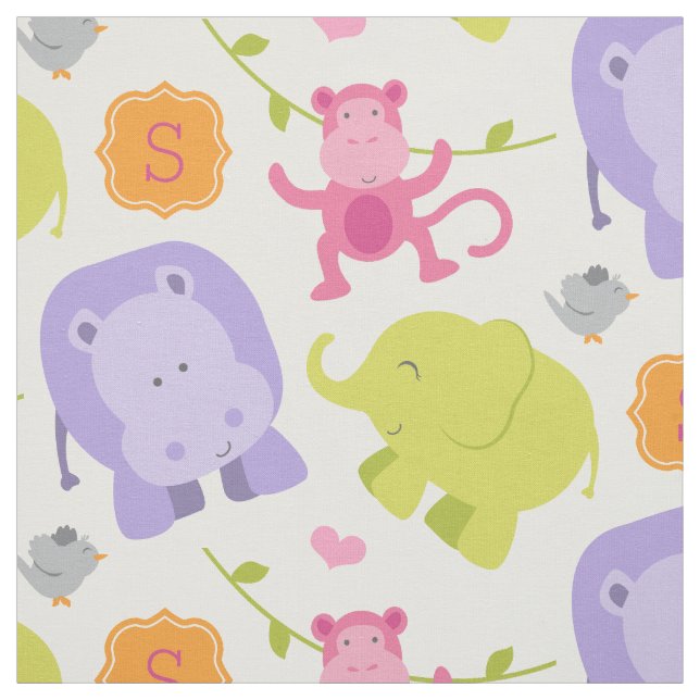 Monogram för Cute Rosa Jungle Animals Flicka Anpas Tyg (Provkarta)