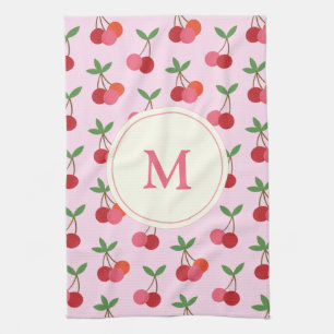 Monogram för Cute Rosa och Red Cherries Mönster An Kökshandduk