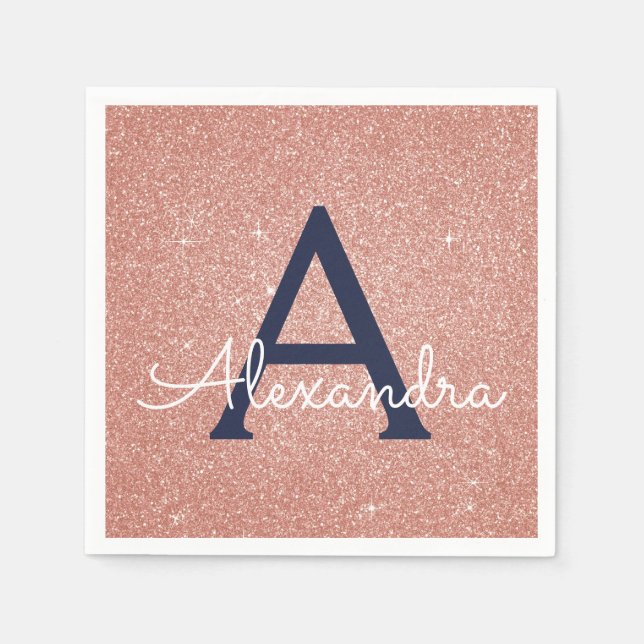 Monogram för den blå Glitter-Gnistran rosa ros Gul Pappersservett (Framsidan)