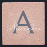 Monogram för den blå Glitter-Gnistran rosa ros Gul Stenunderlägg<br><div class="desc">Stenplattan rosa ros Guld och Navy Blue Faux Glitter och Gnistra Elegant Stone Tile. De här stenplattorna kan anpassas så att de omfattar ditt första och första namn.</div>