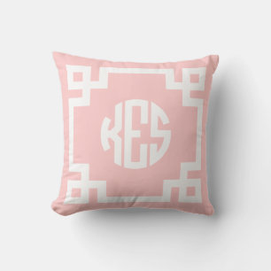 Monogram för den ljusa rosa och vita grekiska Nyck Kudde