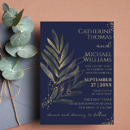 Monogram för den moderna marinen Blue Guld Löv Brö Inbjudningar