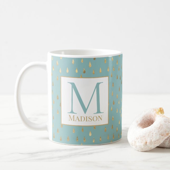 Monogram för det ljust grönt Trendiget Guld Raindr Kaffemugg (Med munk)