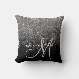 Monogram för det moderna Silver & Black Glitter Kudde