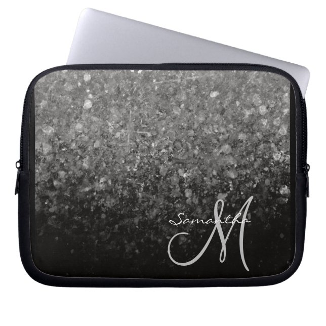 Monogram för det moderna Silver & Black Glitter Laptop Fodral (Framsidan)