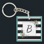 Monogram för det moderna svarta Rand och Blommigt<br><div class="desc">Monogrammad nyckelkedja med svart och vitt rand och delikat blommigt.</div>