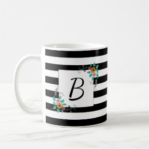 Monogram för det moderna svarta Rand och Blommigt Kaffemugg