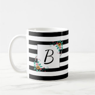 Monogram för det moderna svarta Rand och Blommigt Kaffemugg