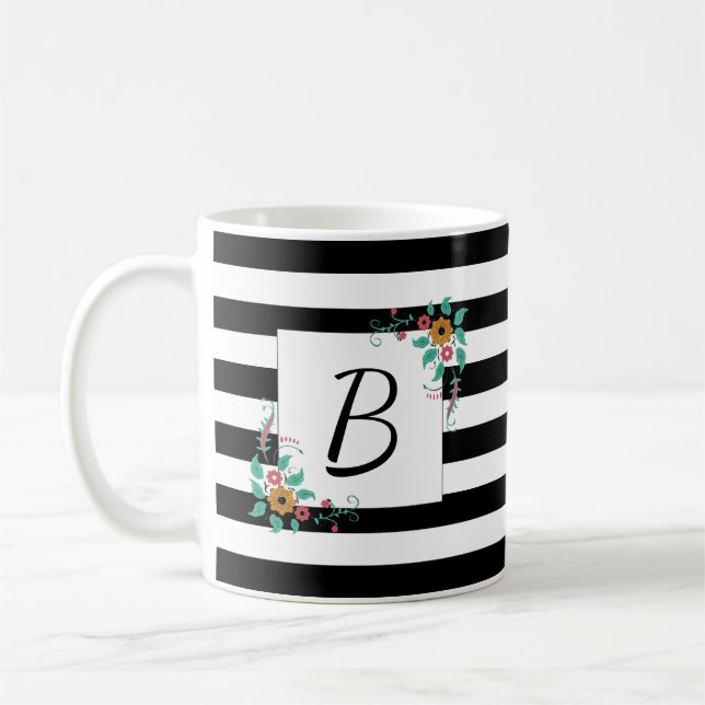 Monogram för det moderna svarta Rand och Blommigt Kaffemugg (Vänster)