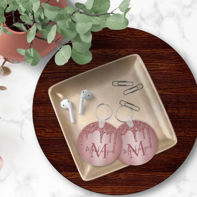 Monogram för drivrutiner för Glitter vid rosa ros  Nyckelring (Skapare uppladdad)