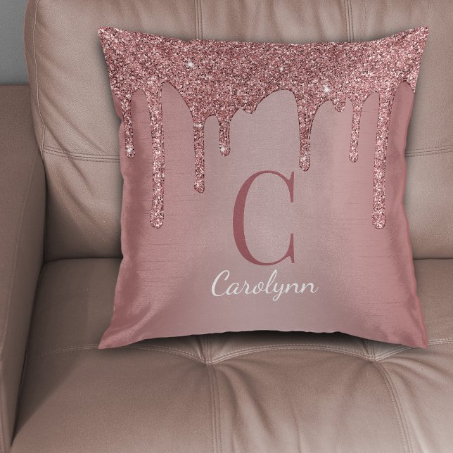 Monogram för drivrutiner i chic Ro Glitter Kudde (Chic Rose Gold Glitter Drips Monogram Throw Pillow)