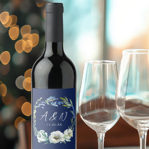 Monogram för elegant Blå Blommigt Winter Wedding M Vinflaska Etikett